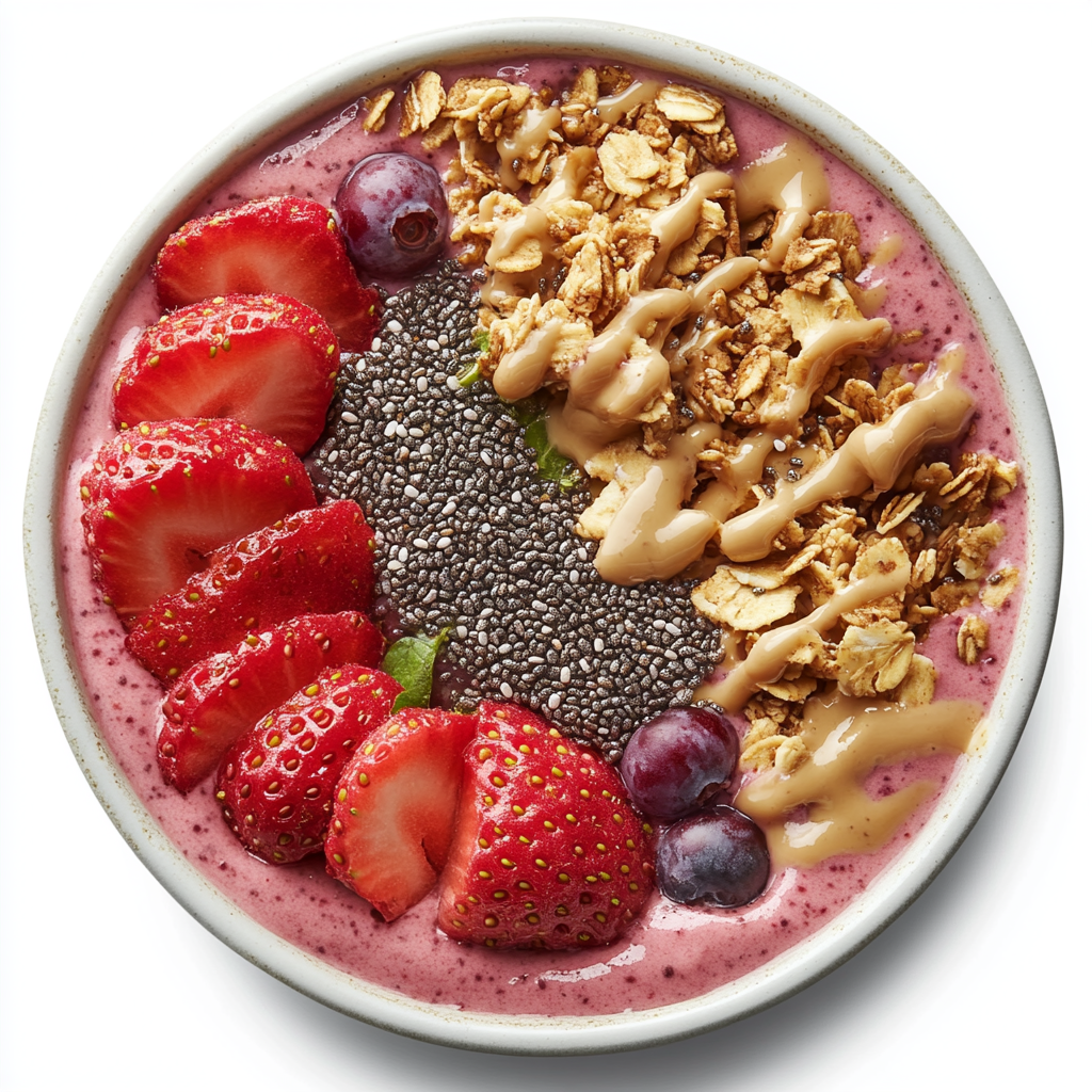 A colorful smoothie bowl with chia seeds, almond butter drizzle, and fresh berries for a healthy start to the day.