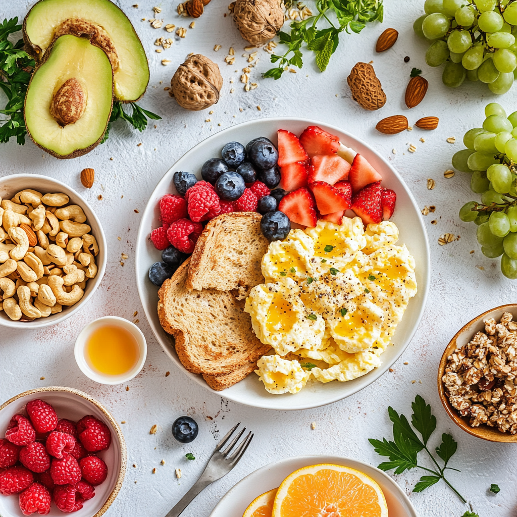 A variety of nutrient-rich breakfast foods, including eggs, whole grains, fresh fruit, nuts, and a smoothie, arranged beautifully on a wooden table.