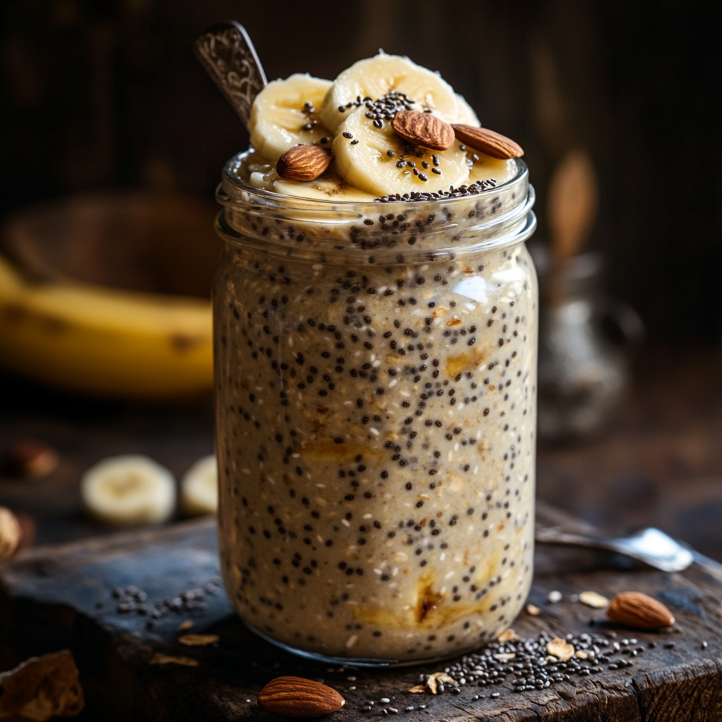 A jar of overnight oats topped with bananas, chia seeds, and nuts.