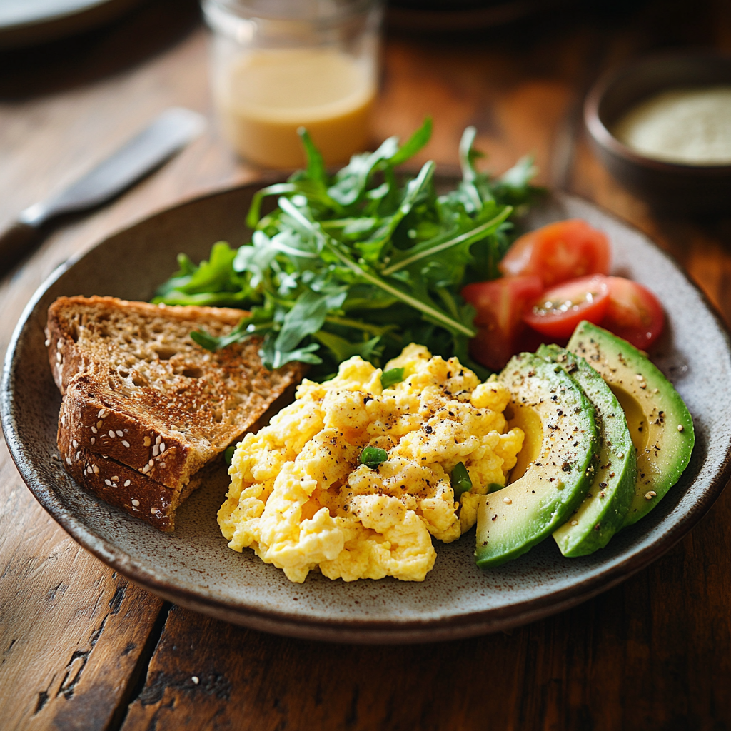 Healthy breakfast with eggs, avocado, and whole-grain toast on a rustic wooden table.