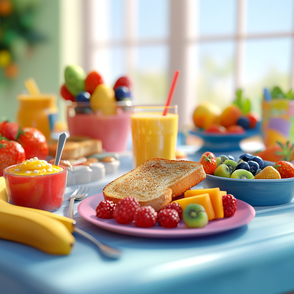 Healthy and delicious breakfast for kids, including fruit, toast, and a smoothie in a bright kitchen setting.