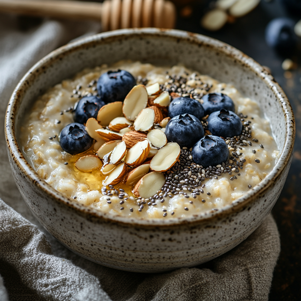 A bowl of warm oatmeal topped with nuts, honey, and fresh berries