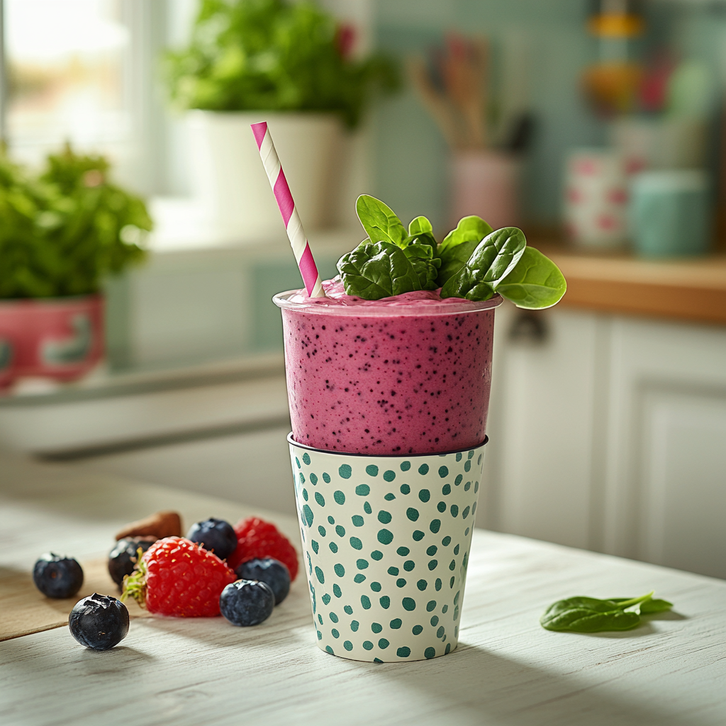 Berry smoothie in a fun cup with a straw for kids