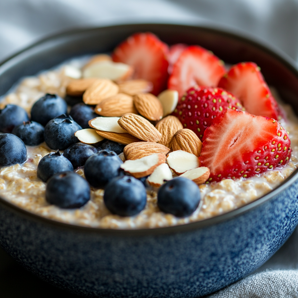 A bowl of overnight oats with berries, nuts, and honey in a cozy breakfast setting.