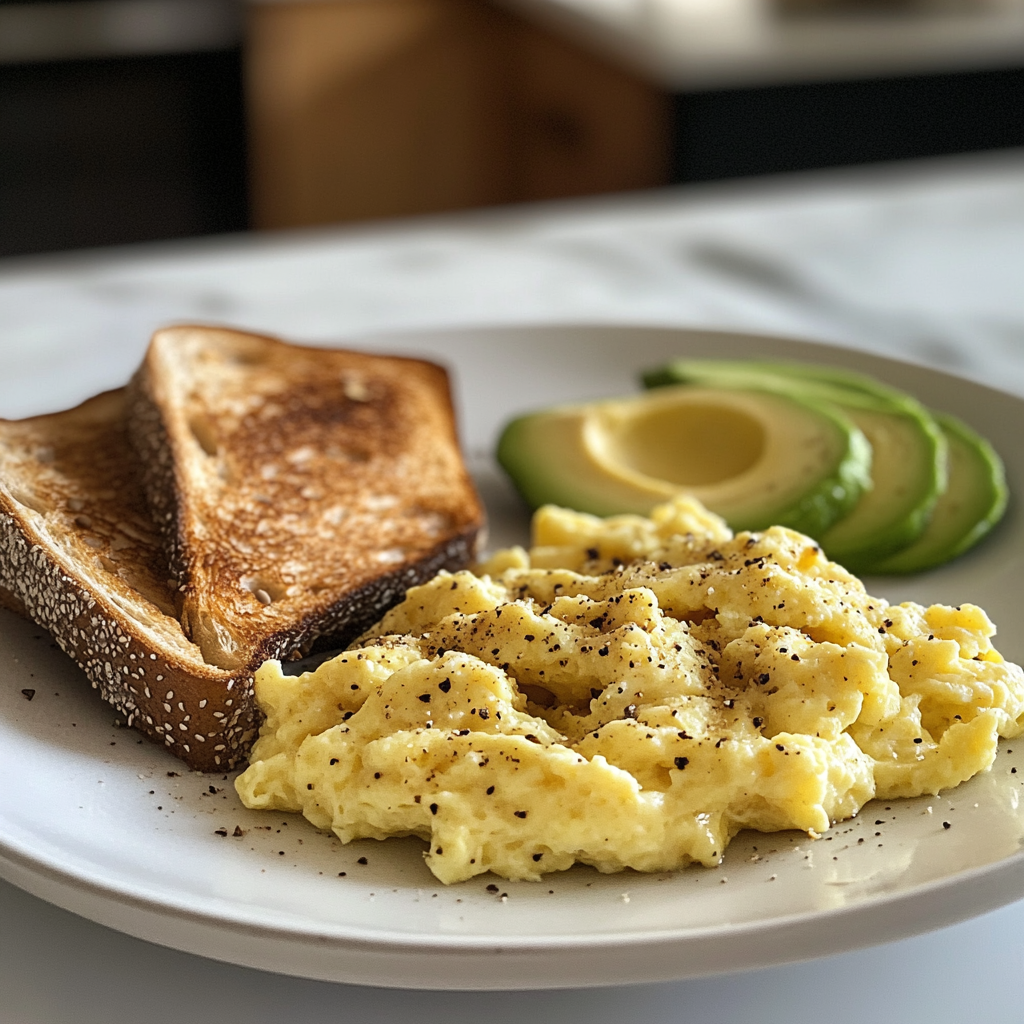 A plate of scrambled eggs with whole grain toast and avocado slices