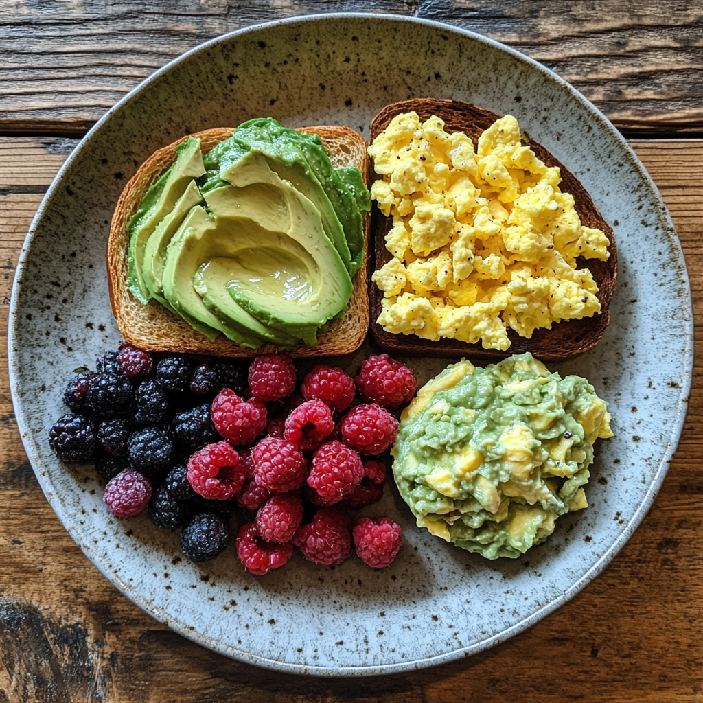 A plate of avocado toast, scrambled eggs, and yogurt parfait with fruit.