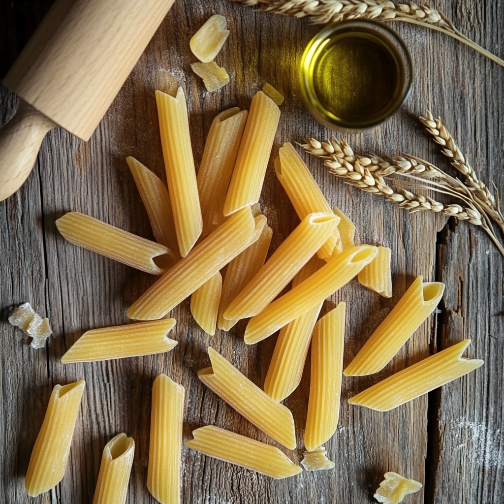  Dry Penne Rigate pasta spread on a wooden surface.