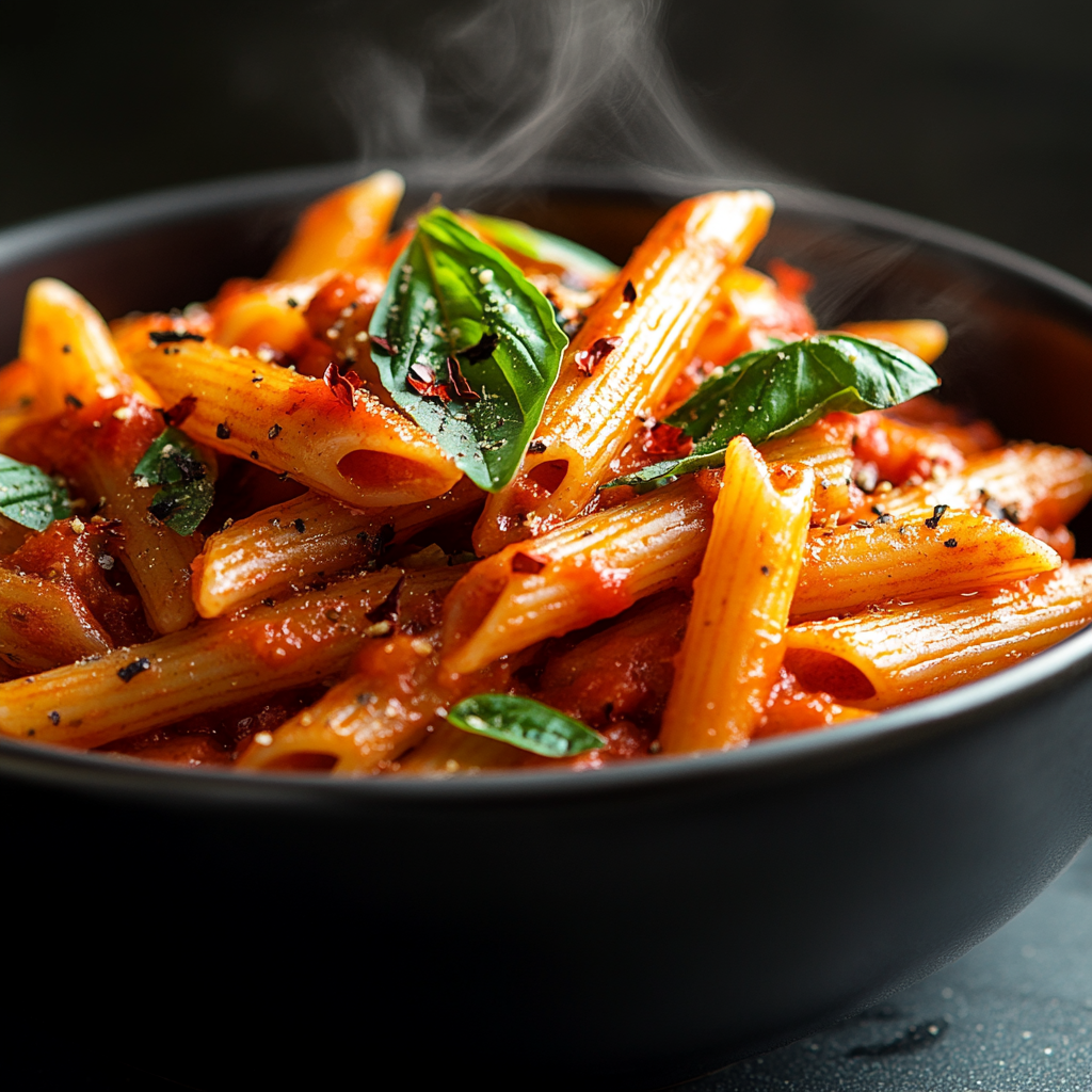 A bowl of spicy penne rigate arrabbiata with red chili flakes and fresh basil.