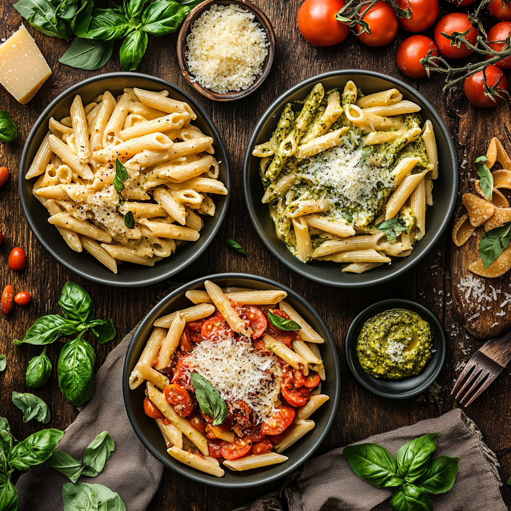  Penne Rigate pasta served with creamy Alfredo, marinara, and pesto sauces