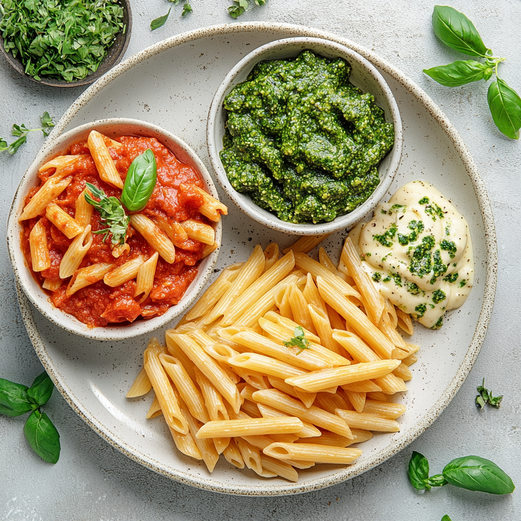 Rigate penne pasta served with marinara, Alfredo, and pesto sauce.