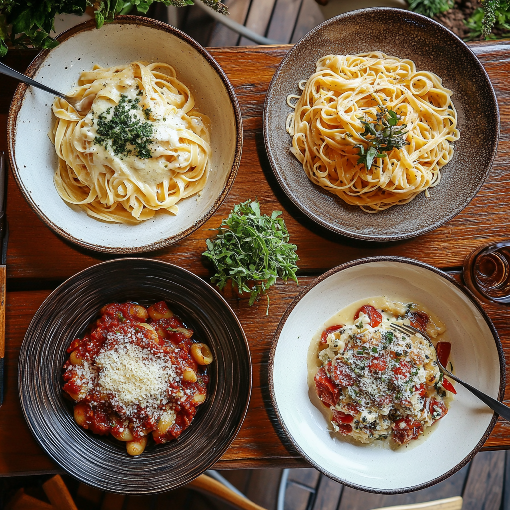 A delicious assortment of four classic Italian pasta dishes—Cacio e Pepe, Carbonara, Amatriciana, and Gricia—served on rustic wooden plates