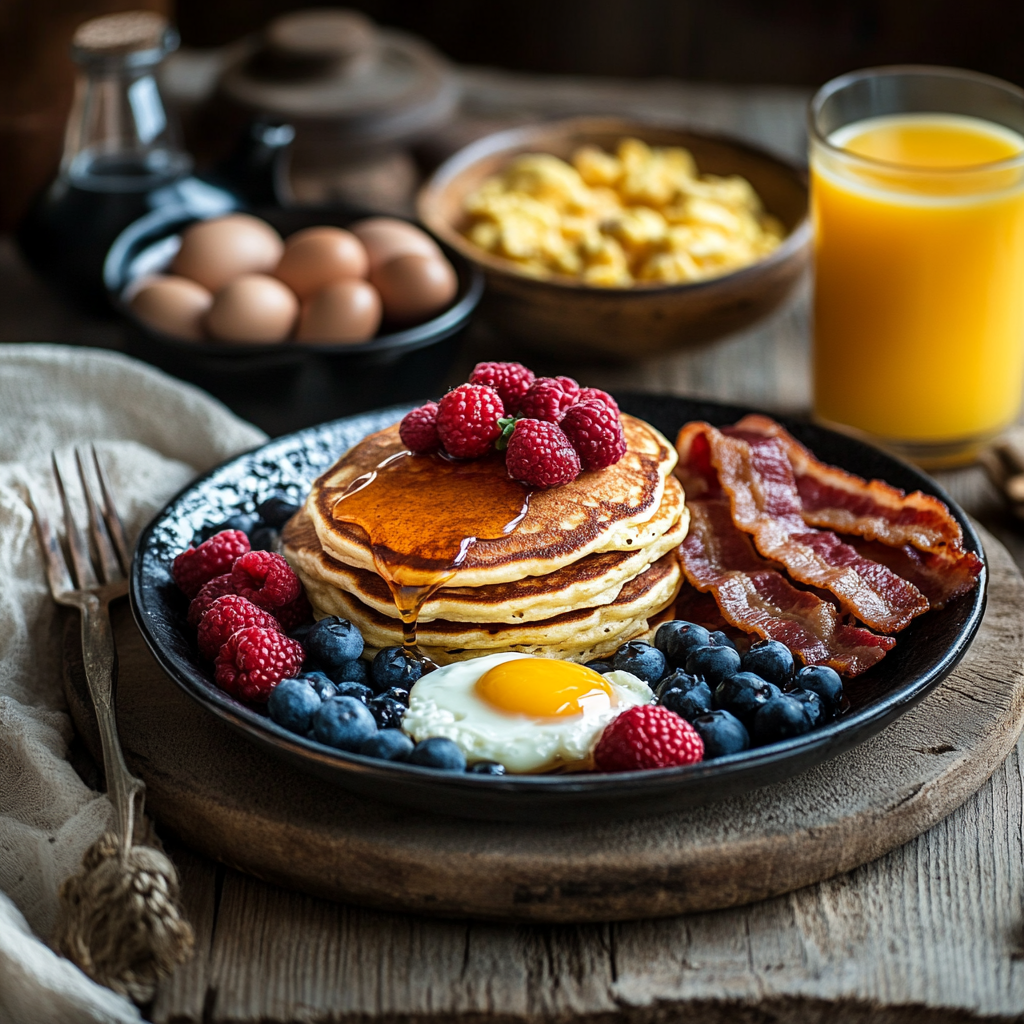 A delicious breakfast spread with pancakes, eggs, bacon, and fresh fruit on a rustic wooden table.