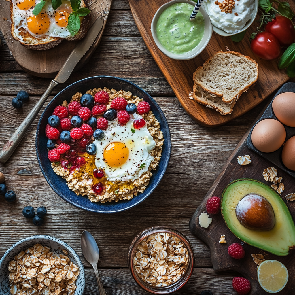 A delicious and nutritious breakfast spread with oatmeal, eggs, avocado toast, and fresh fruits on a wooden table.