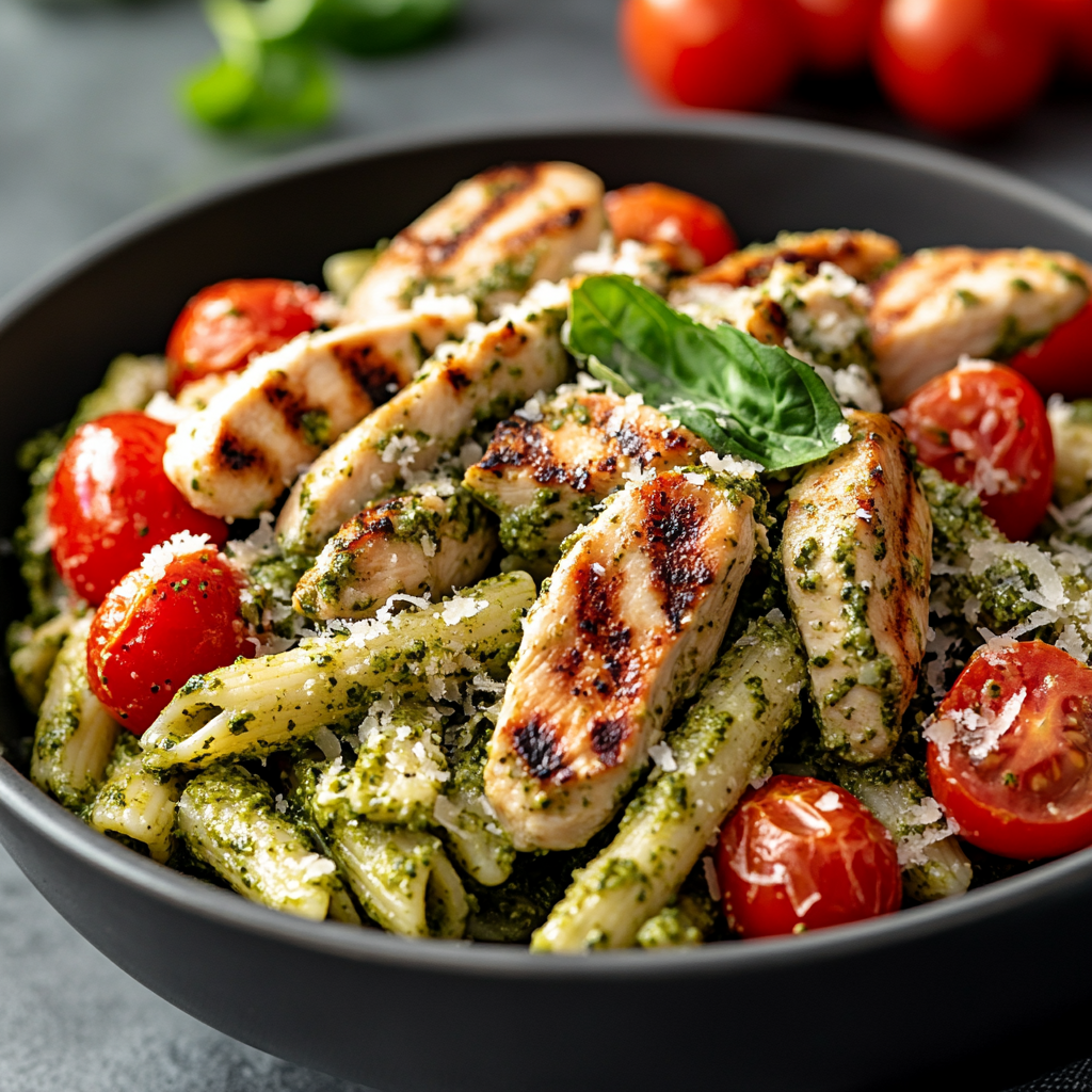  A bowl of one-pot pesto chicken pasta with cherry tomatoes and parmesan cheese