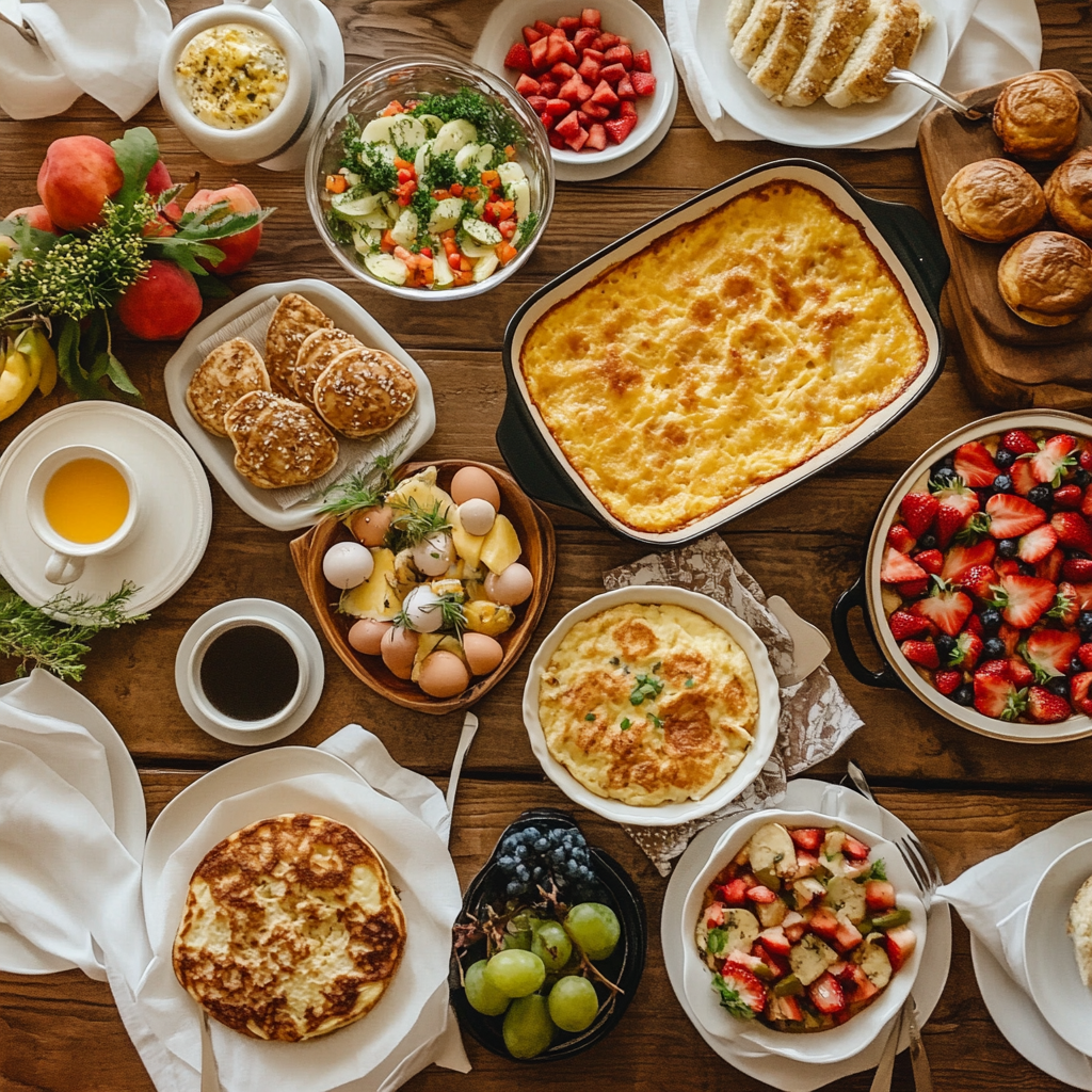 A beautifully arranged breakfast potluck with a variety of dishes, including casseroles, muffins, and fruit platters.