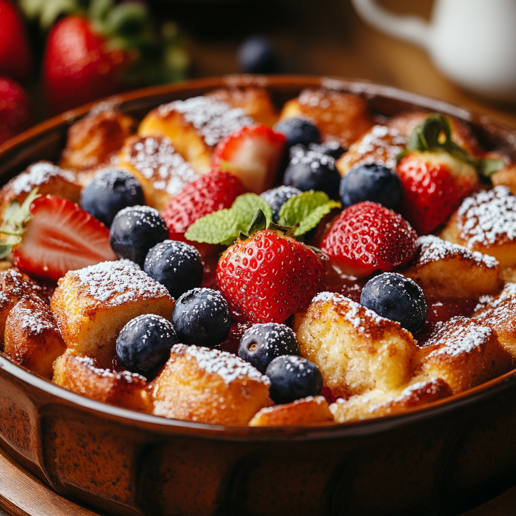  A golden-brown French toast casserole topped with powdered sugar and berries.