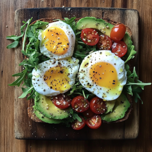 Avocado toast with poached eggs, cherry tomatoes, and arugula on a rustic wooden board