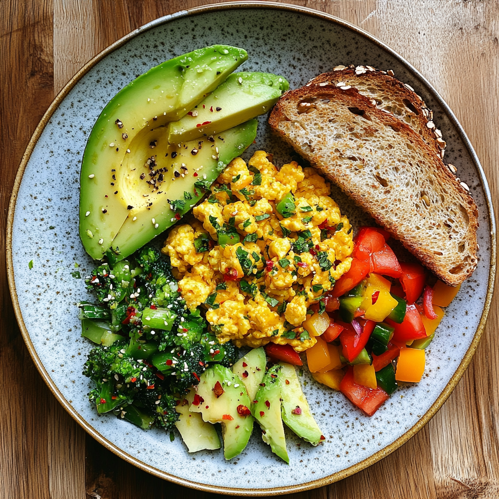  A healthy breakfast plate featuring JUST Egg, whole grain toast, and avocado.