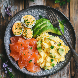  Close-up of scrambled eggs with a side of avocado and smoked salmon.