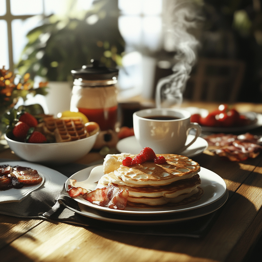 A delicious spread of various breakfast dishes including pancakes, eggs, toast, and fresh fruits.