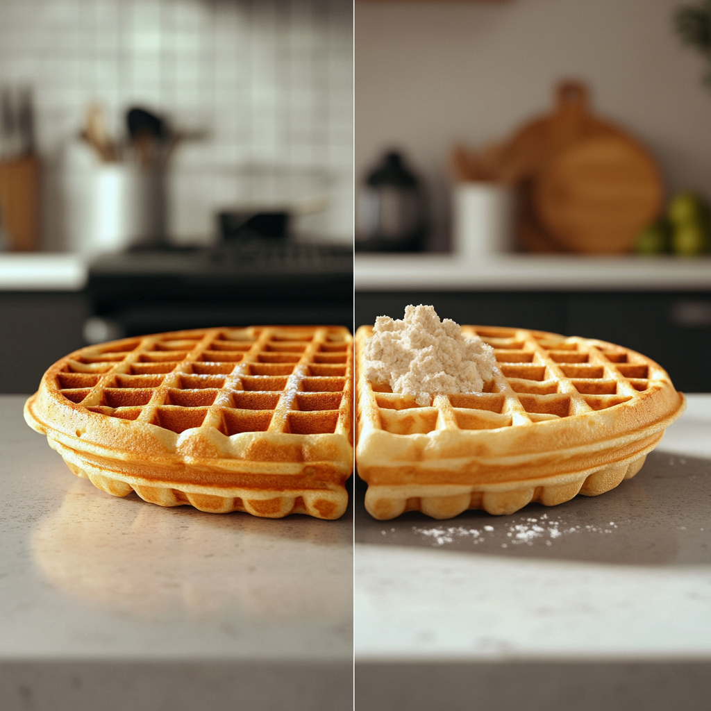 A comparison of frozen waffles vs. homemade whole grain waffles on a kitchen counter.