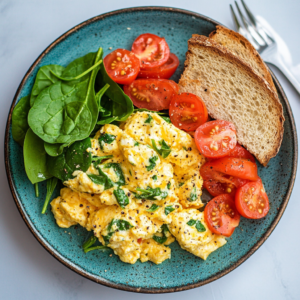  High-protein scrambled eggs with fresh vegetables on a plate.