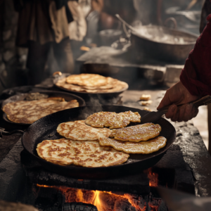  Ancient Greek and Roman pancakes cooking over an open fire.