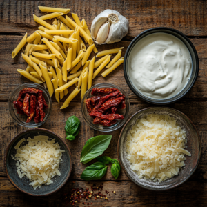 Ingredients for Marry Me Pasta, including sun-dried tomatoes, garlic, cream, and parmesan, displayed on a wooden board