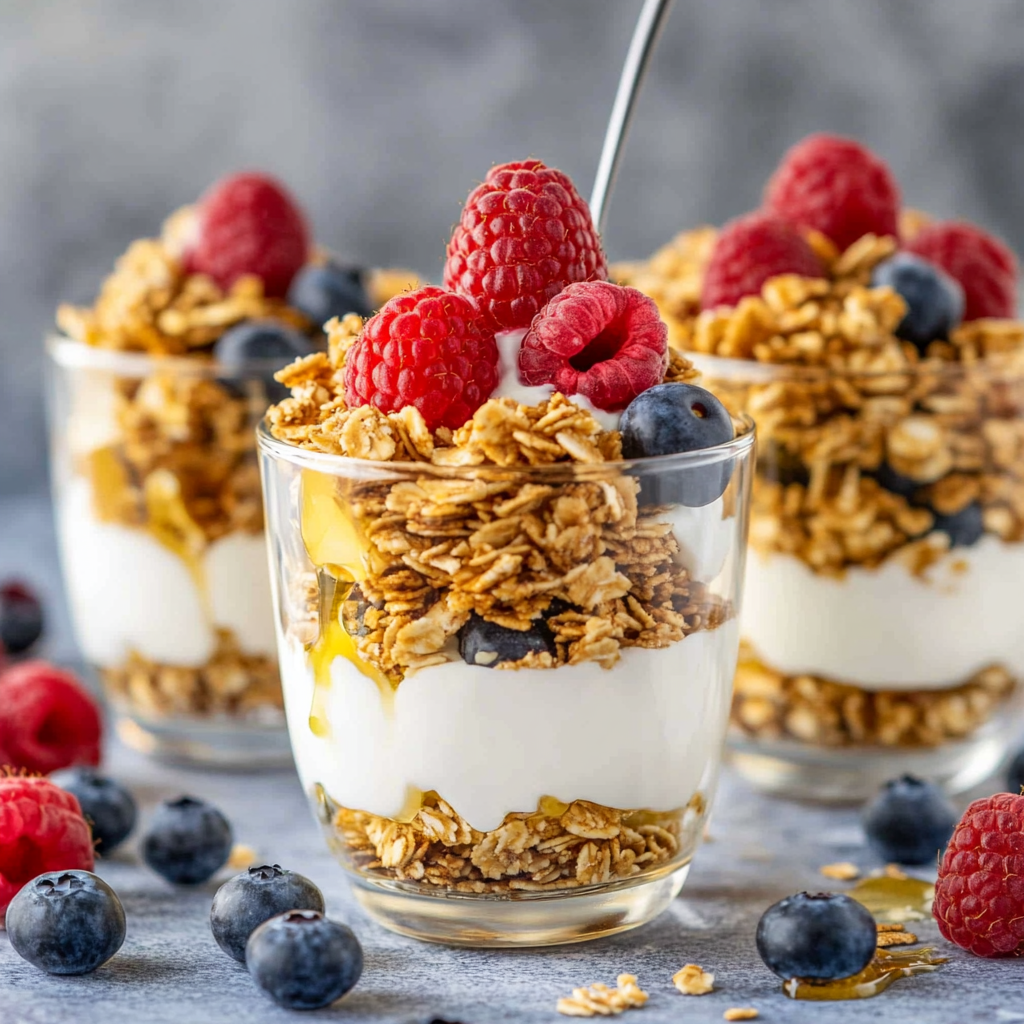 A row of yogurt parfaits layered with granola, fresh berries, and honey drizzle.