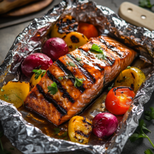 Grilled honey-chipotle salmon foil packets with vegetables