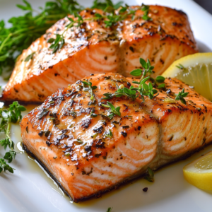  Perfectly cooked salmon fillets on a plate, grilled and pan-seared, ready for pasta.