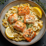 A gourmet salmon pasta dish with fresh herbs and lemon wedges.